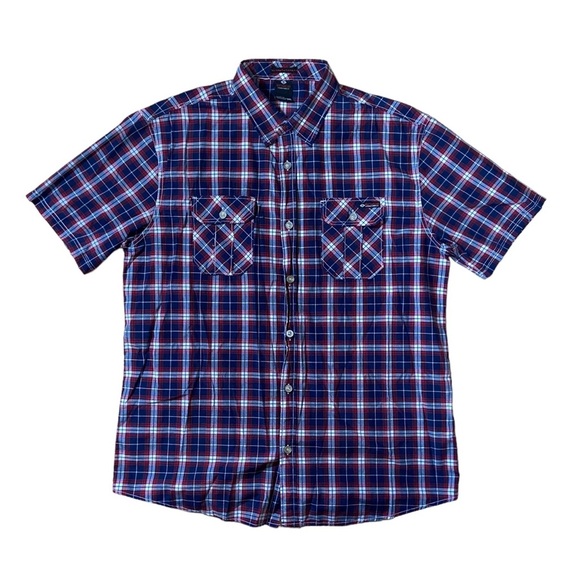 Enyce Plaid Button Short Sleeve Casual Shirt Dark Blue Size 3XL Chest Pocket - Picture 1 of 3